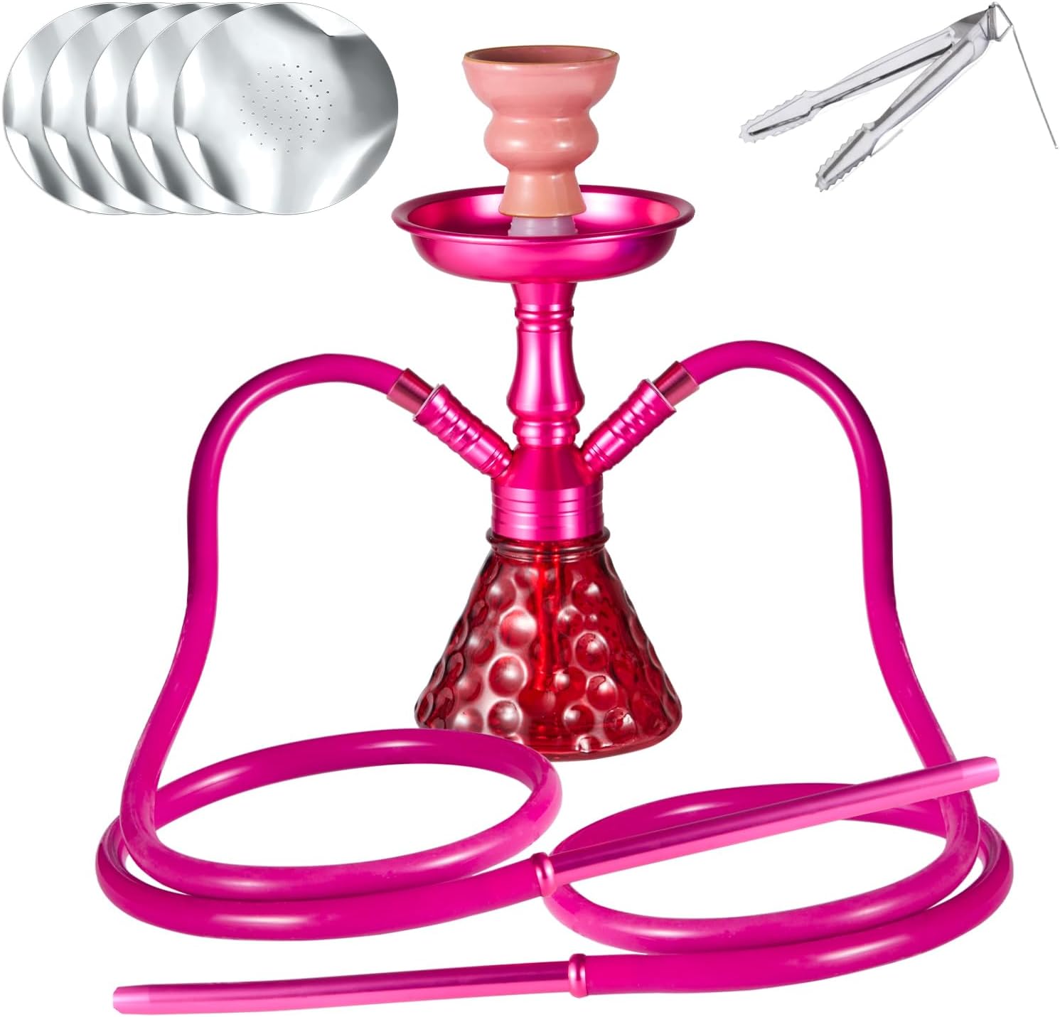 Hookah Set with everthing - GRENAOH 12" Premium Small Shisha Hookahs Complete Set include Aluminum Alloy Stem Big Ceramic Bowl 2 Silicone Hoses (pink)