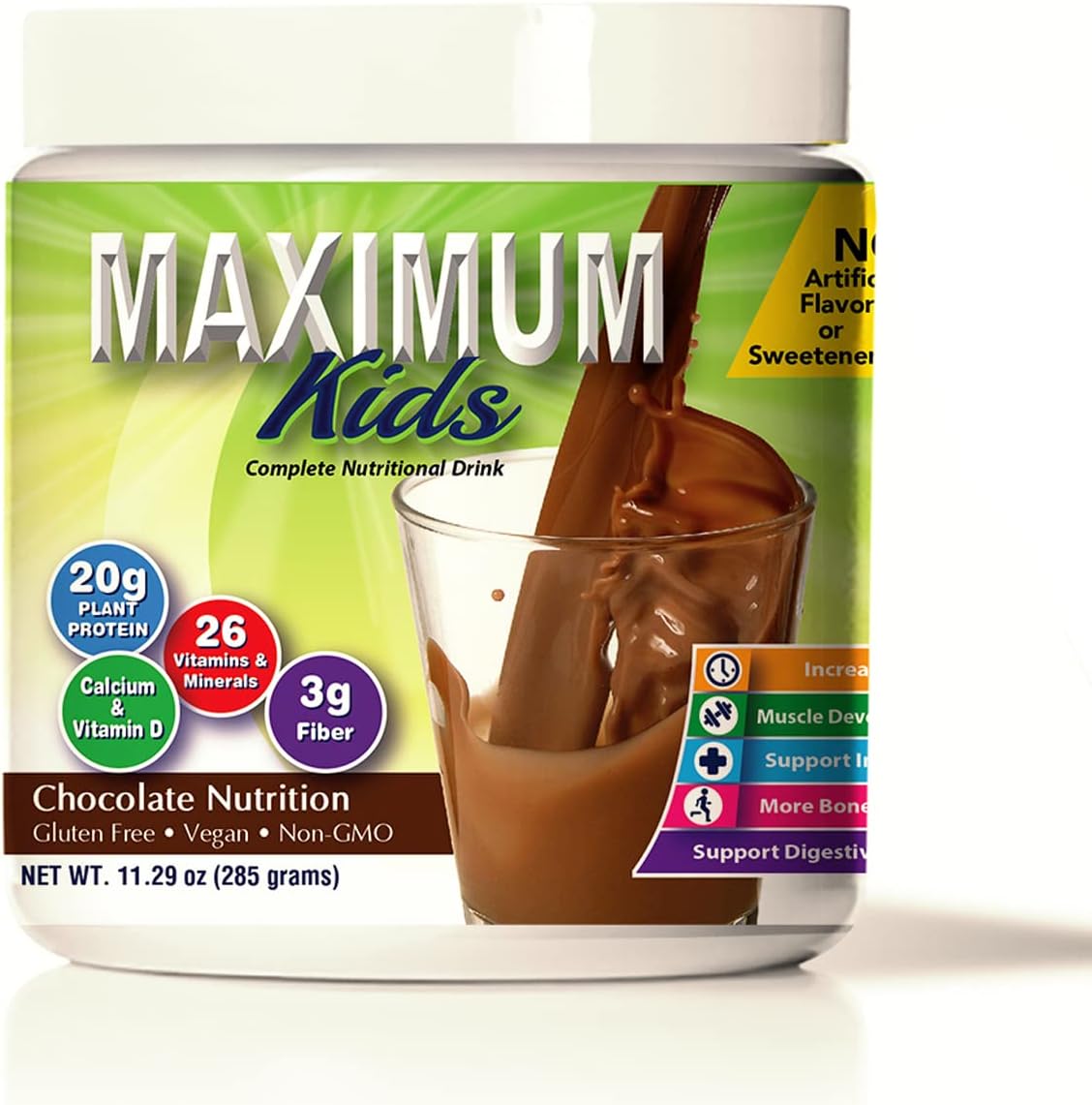 Maximum Kids Complete Organic Powder Mix. Great Tasting, Easy to use, Complete Nutritional Drink with 26 Vitamins and Minerals, 20g of Plant Protein, 3g of Fiber. Kid Tested. Parents Approved.