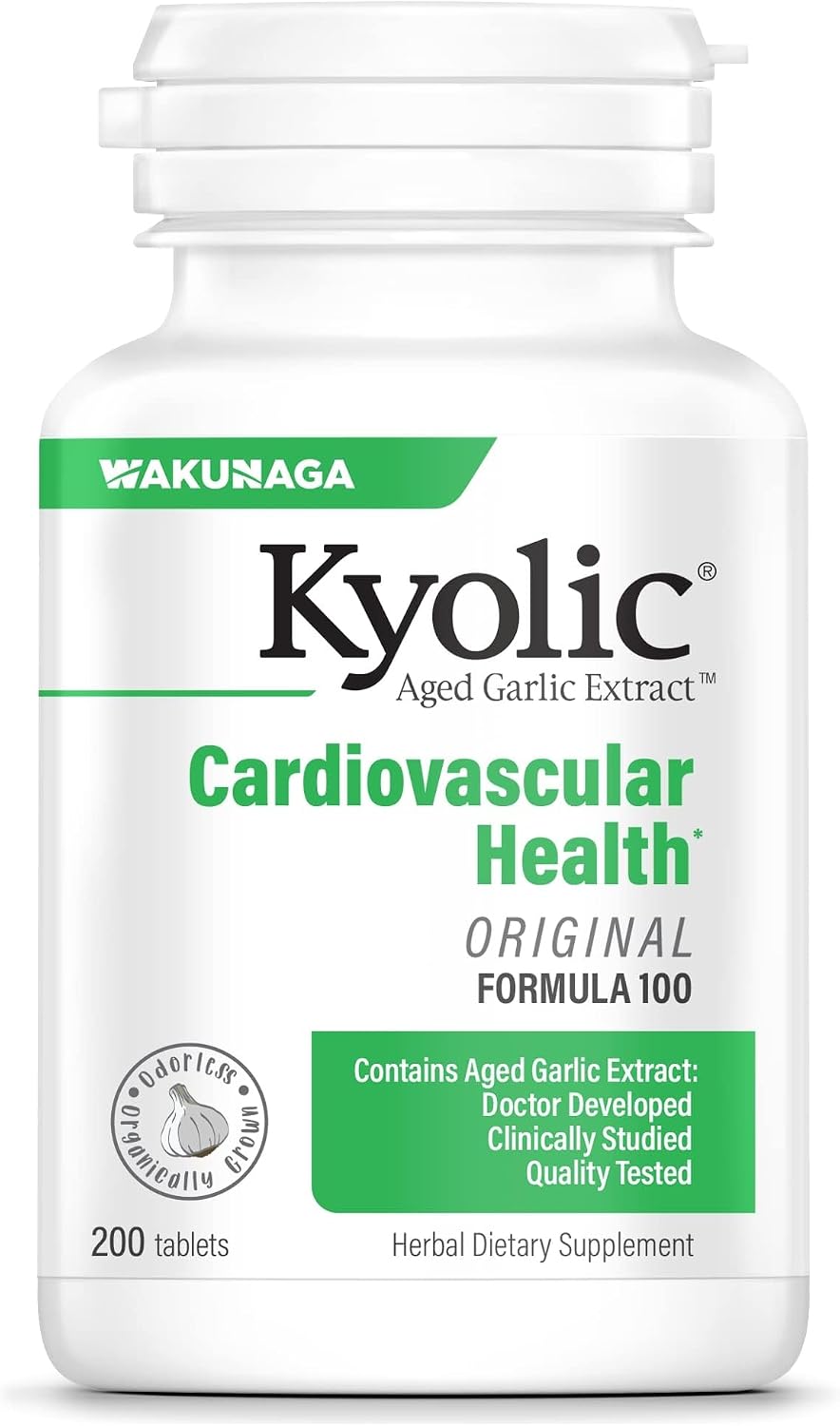 Kyolic Aged Garlic Extract Cardiovascular Health* Formula 100, 200 Tablets | Supports Circulatory Function and Overall Heart Health with Odorless, Organically Grown Aged Garlic Extract, GMO-Free