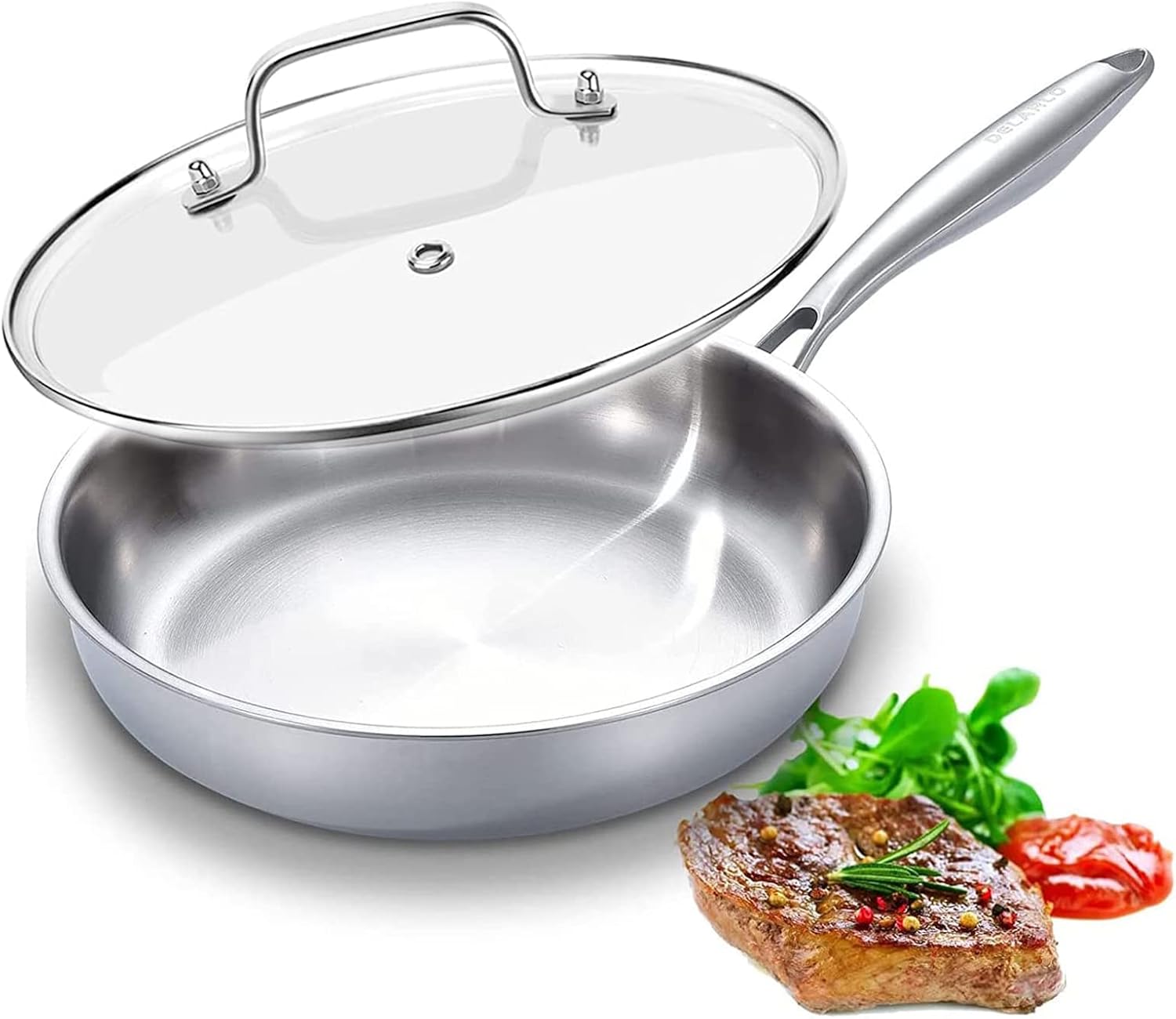DELARLO Tri-Ply Stainless Steel Skillet, 12 Inch Frying Pan with Lid, Compatible with All Cooktops Up to 600, Fast & Even Heat, Induction Cookware, Dishwasher Safe