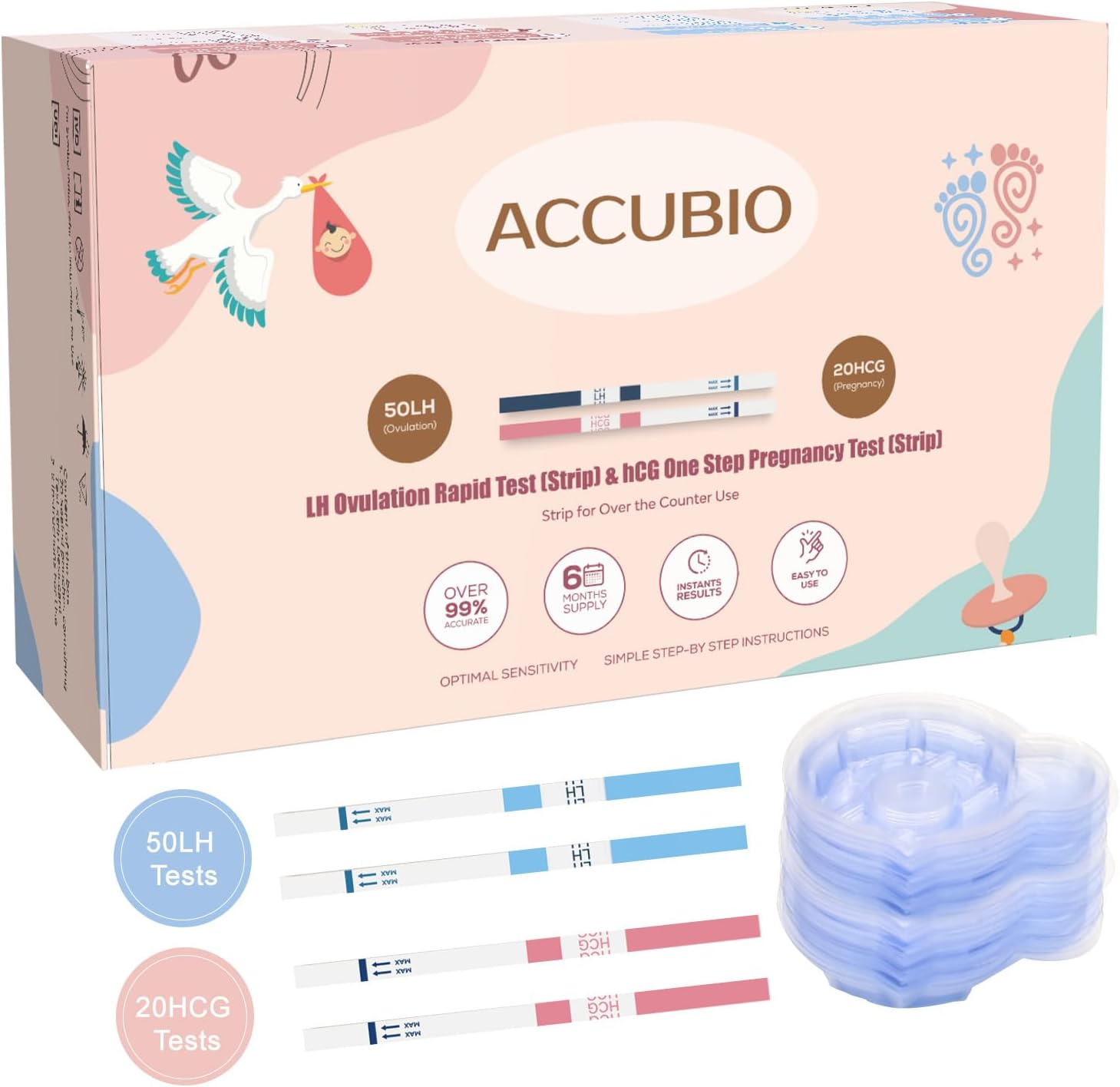 50 Ovulation and 20 Pregnancy Test Strips Combo Kit, Rapid Fertility Predictor Kit, Accurate Pregnancy Detection, Prueba de Embarazo, 5mm Wider, with 70 Urine Cups (50LH+20HCG)