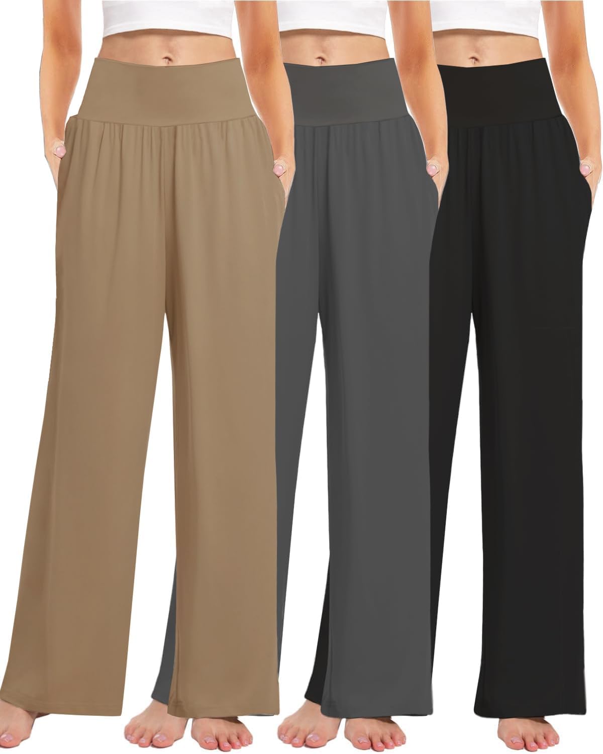 3PACK Women's Casual Loose Wide Leg Cozy Pants Yoga High Waisted Sweatpants Comfy Lounge Pants with Pants with Pockets