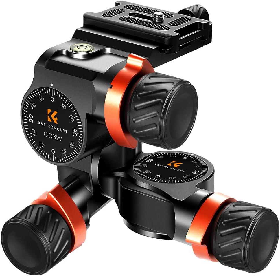 K&F Concept 3-Way Geared Tripod Head, Millimeter Micro-Adjustment, Full CNC Aluminum Alloy Tripod Head, Maximum Load Capacity of 6kg for Star Shooting, Commercial Photography, etc.