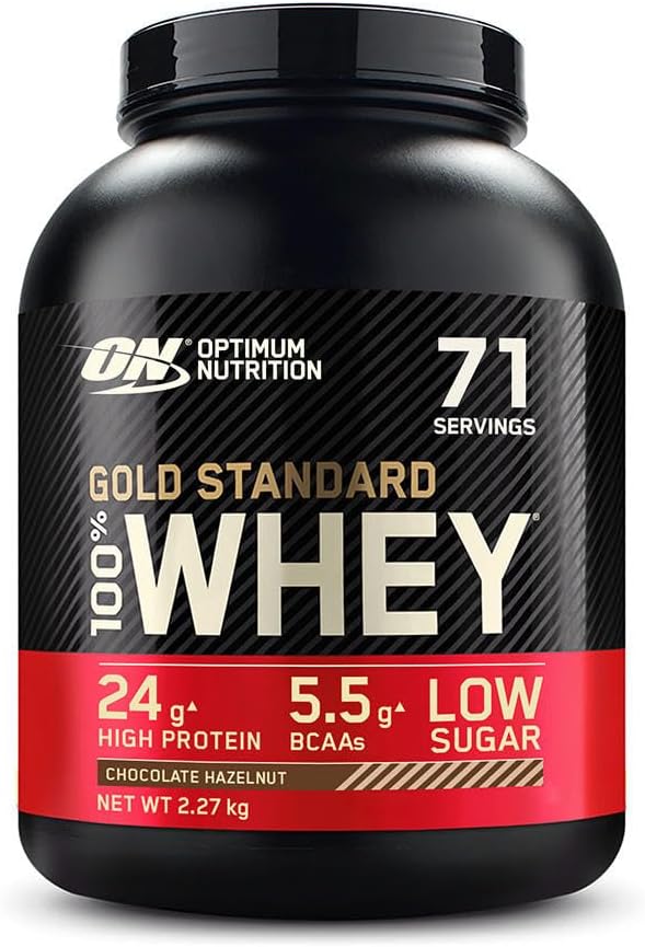 Optimum Nutrition Gold Standard 100% Whey Muscle Building and Recovery Protein Powder With Naturally Occurring Glutamine and BCAA Amino Acids, Chocolate Hazelnut Flavour, 71 Servings, 2.27 kg