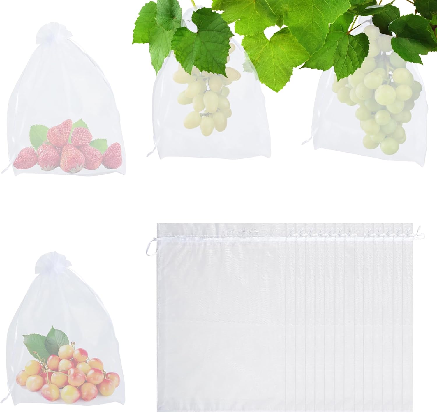 XXXFLOWER Fruit Protection Netting Bags with Drawstring,20x30cm Garden Netting Mesh Cover Organza Bags Insects Mosquito Barrier Net Strawberry Cherry Grape Bird Protection Bags 20Pcs(White)