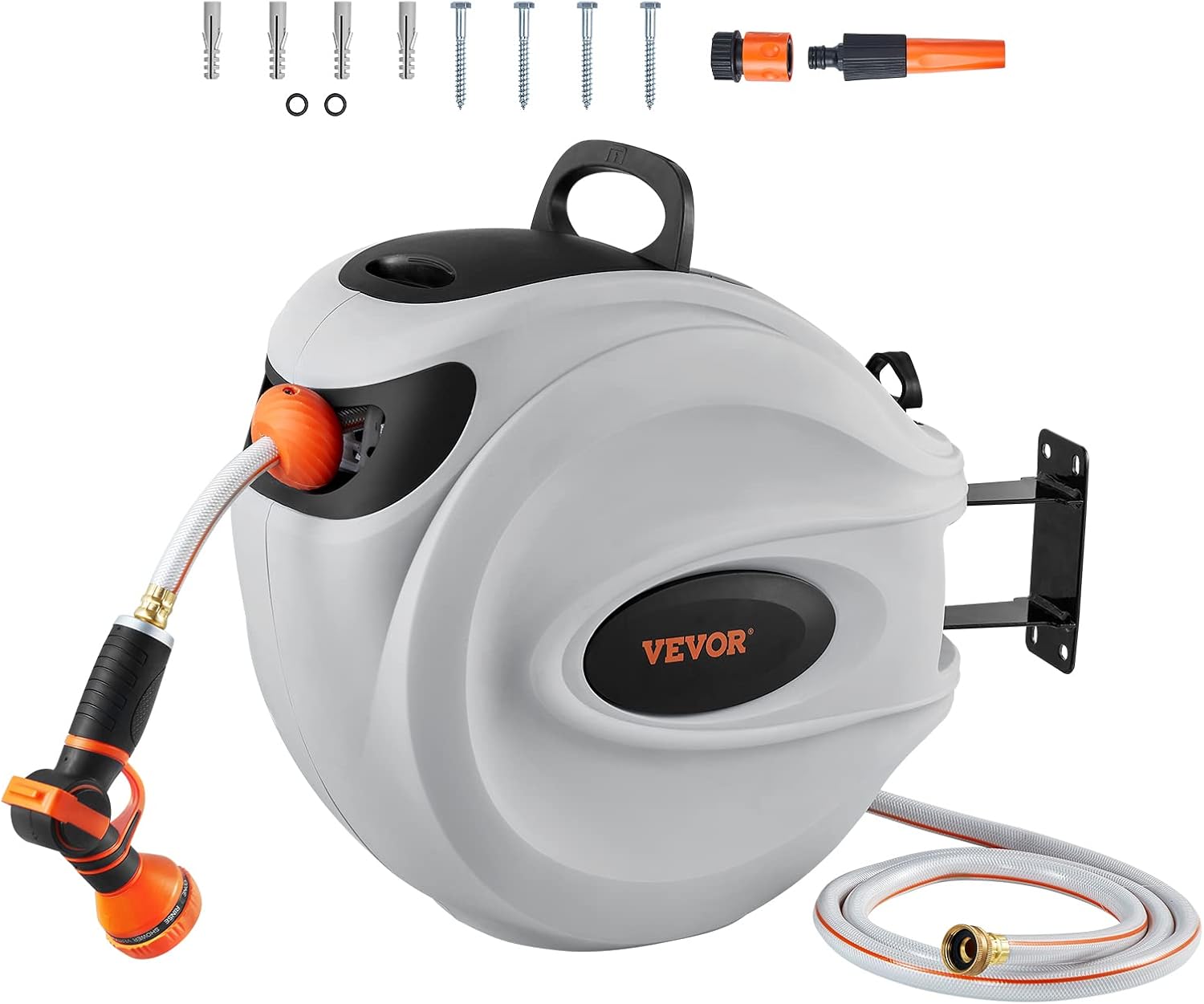VEVOR Retractable Hose Reel, 100 ft x 1/2 inch, Garden Water Hose Reel with 9-Pattern Nozzle, 180° Swivel Bracket Wall-Mounted, Automatic Rewind, Lock at Any Length, with Slow Return System