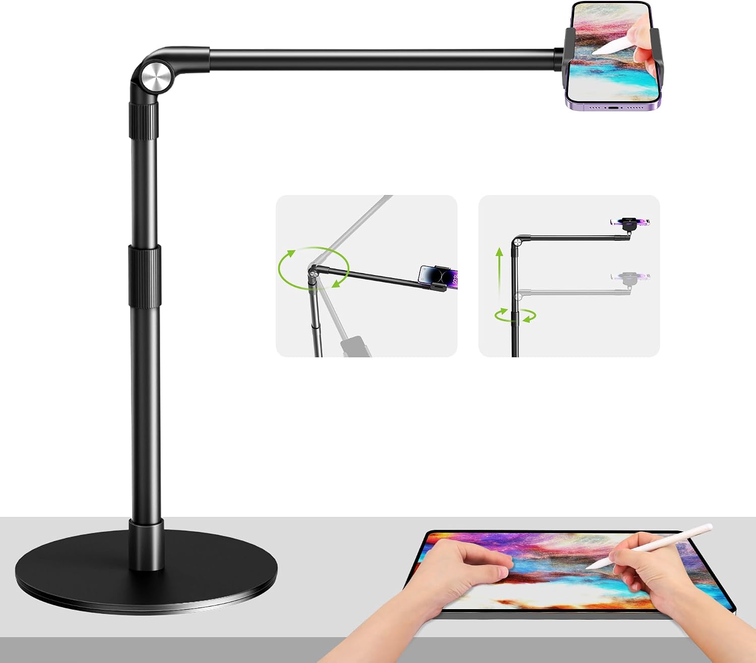 elitehood Heavy Duty Aluminum Overhead Phone Stand, 15 in Long Arm iPhone Holder for Video Recording, 360 Degrees Swivel Tilt Overhead Phone Mount for Filming, Meeting, Cooking, Painting and Crafting