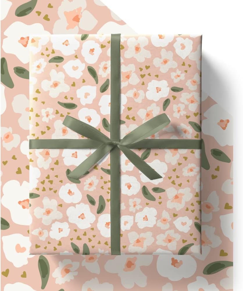 Pink Floral Wrapping Paper - HUGE 43% BIGGER [84cm x 60cm] Eco Friendly Recyclable Gift Wrap for Her, Mum, Wife, Sister and Daughter on Birthday or Mothers Day (4 Sheets & 4 Tags)