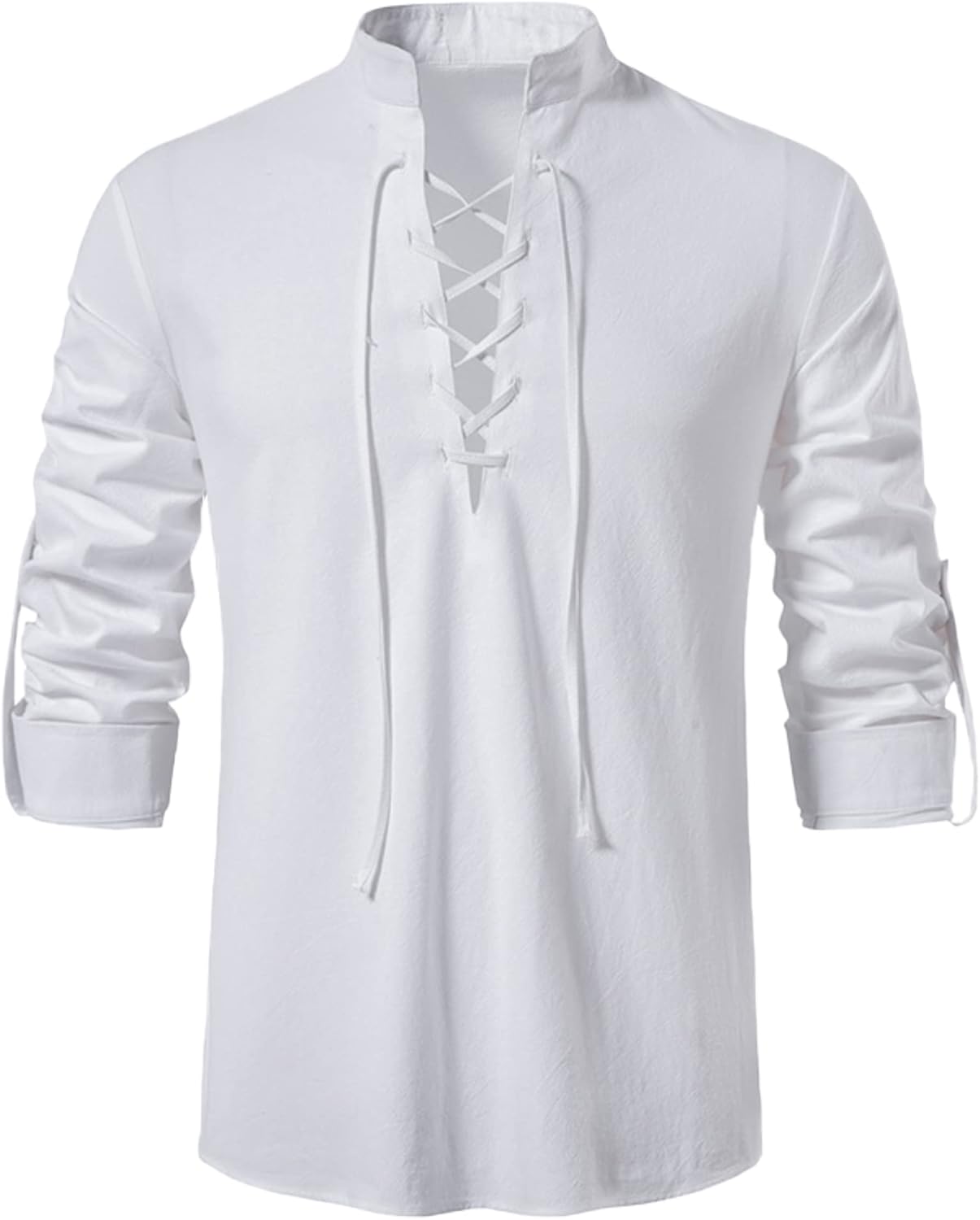 YAOHUOLE Linen Shirt Men Classic Medieval Lace Up Long Sleeve Retro Viking Tops Pirate Costume Scottish Ghillie Shirt