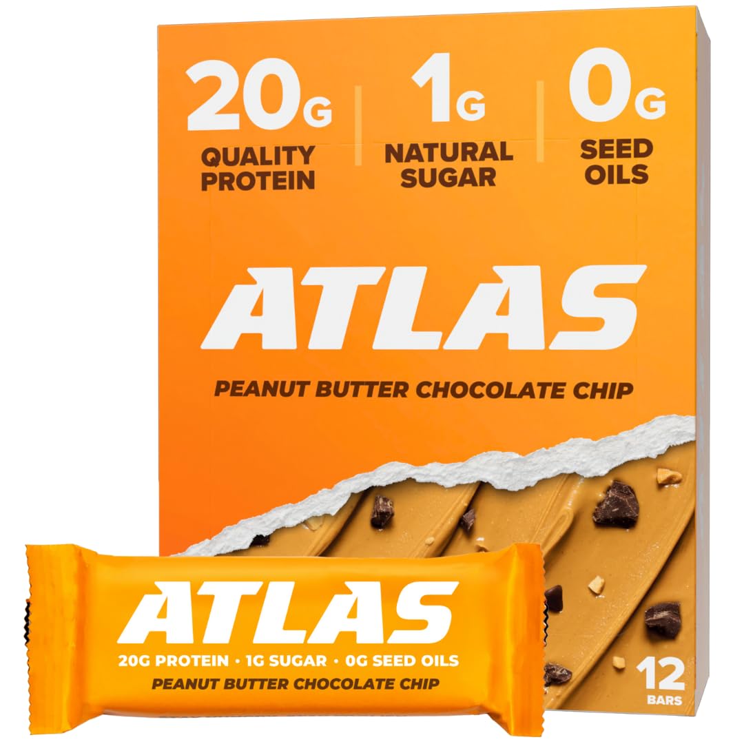Atlas Real Food Protein Bar – 20g Protein, 9g Fiber, 1g Sugar, No Seed Oils, No Artificial Sweeteners (Peanut Butter Chocolate Chip, 12 Count)