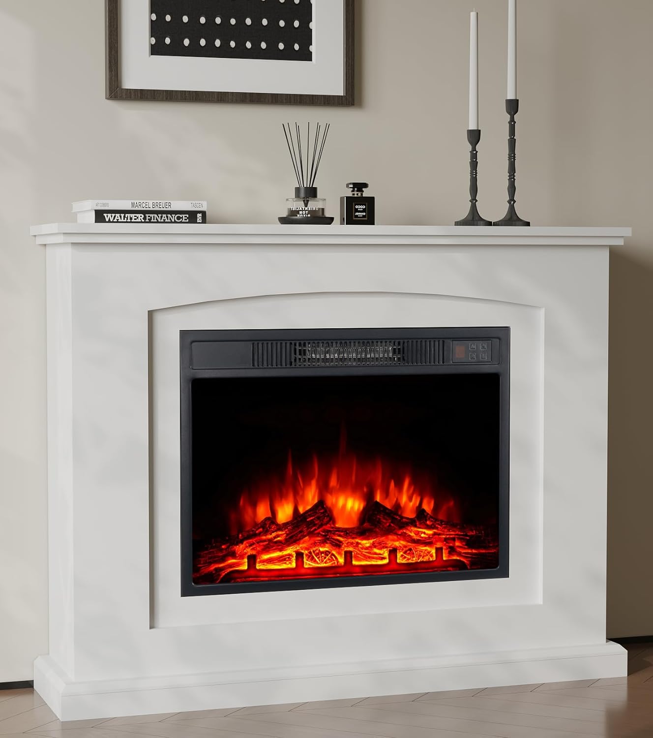MachenFlame Electric Fireplace Suite 100cm/39"Mantel and Surround,Realistic Flame Effect with Freestanding Electric Fire Stove Heater,White.