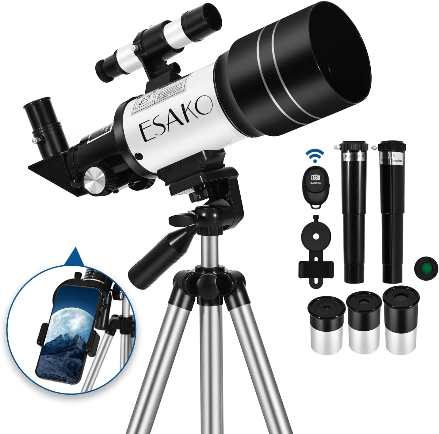 ESAKO Telescope for Beginners & Adults, 70mm Portable Beginner Telescopes with 3 Eyepieces, Height Adjustable Tripod & Phone Adapter