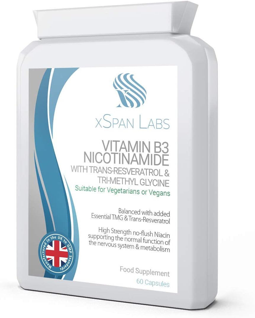Vitamin B3 Nicotinamide with Trans-Resveratrol & Tri-Methyl Glycine (TMG) - High Strength no Flush Niacin - Supporting The Normal Function of The Nervous System & Metabolism