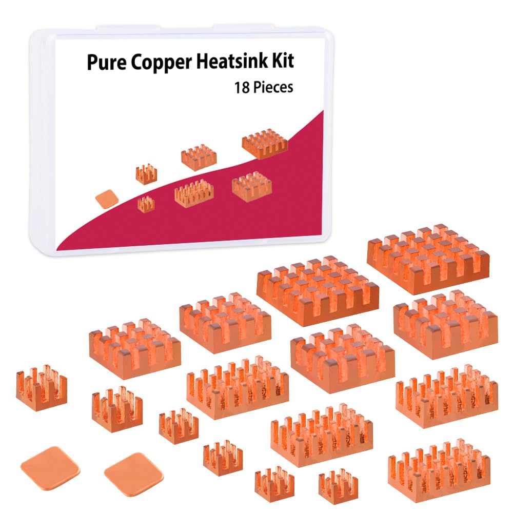 GeeekPi 18PCS Pure Copper Heatsinks for Raspberry Pi 5 /Pi 4B, CPU Cooler Heatsinks with Thermal Conductive Adhensive Tape Compatible with Raspberry Pi 5/Raspberry Pi 4 Model B
