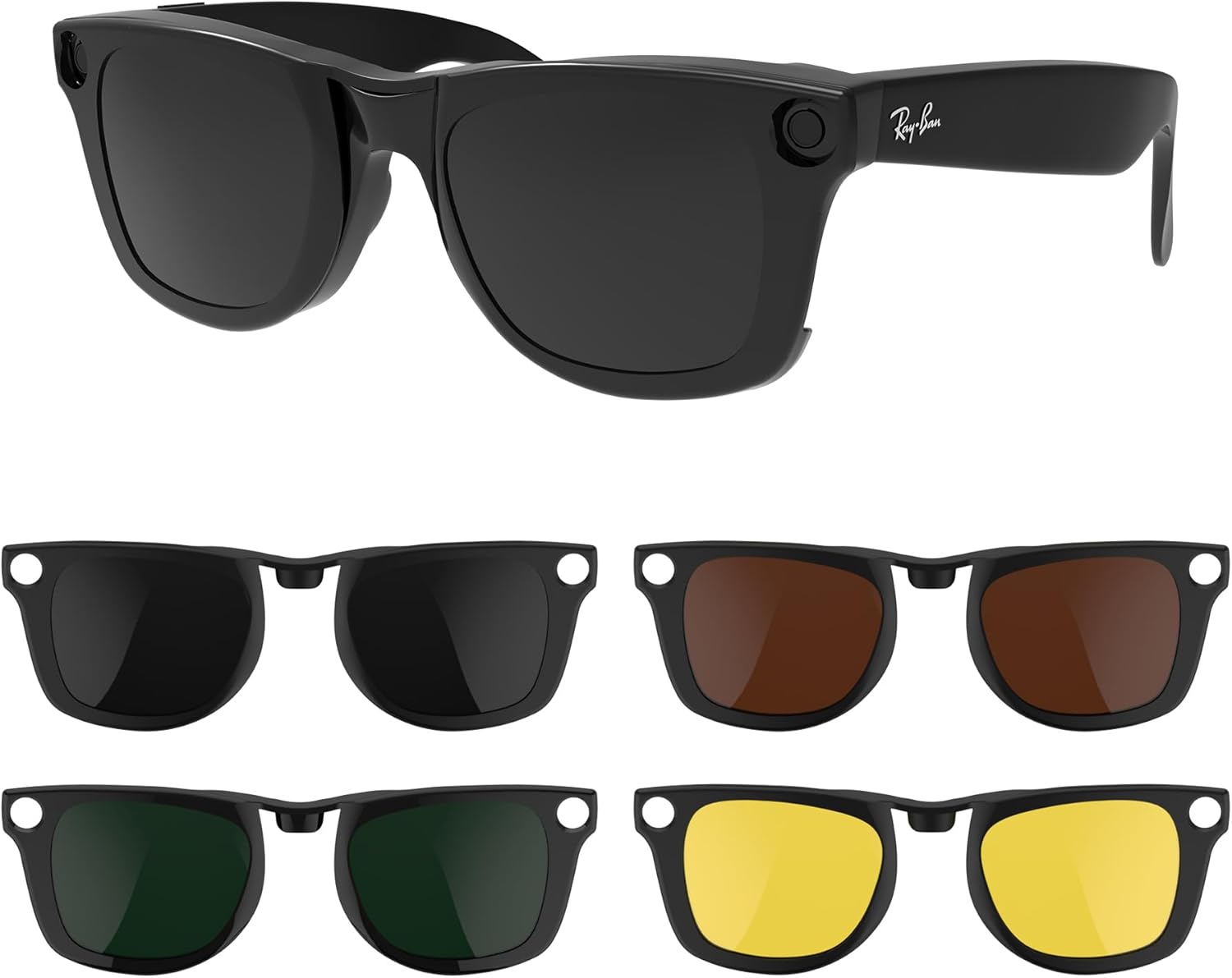 RCstyle 4Pcs Polarized Clip Compatible With Ray-Ban Meta Wayfarer Smart Glasses Color Changing Clip Set for Man and Woman RW4008 Size L (Dark Green, Night Vision Yellow, Black, Brown)