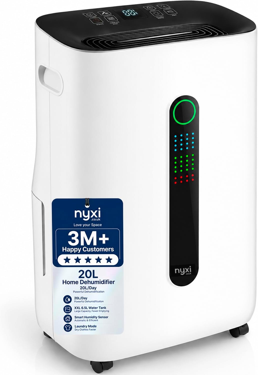Nyxi 20L/Day Home Dehumidifier, Digital Humidity Sensor, XL 6.5L Water Tank Removes Condensation, Humidity, Damp, Moisture, Laundry Drying, Continues Drainage, Auto-Off, 24 Hour Timer for Home, Office