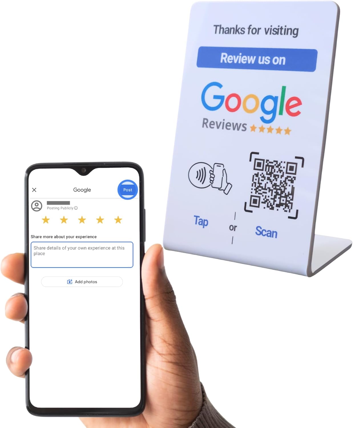 NFC Tap Google Review Stand - Boost Customer Feedback with Tap & Scan QR - No App, No Subscription - Works on iPhone & Android (Size 4.13"x2.75", 1 Pack)