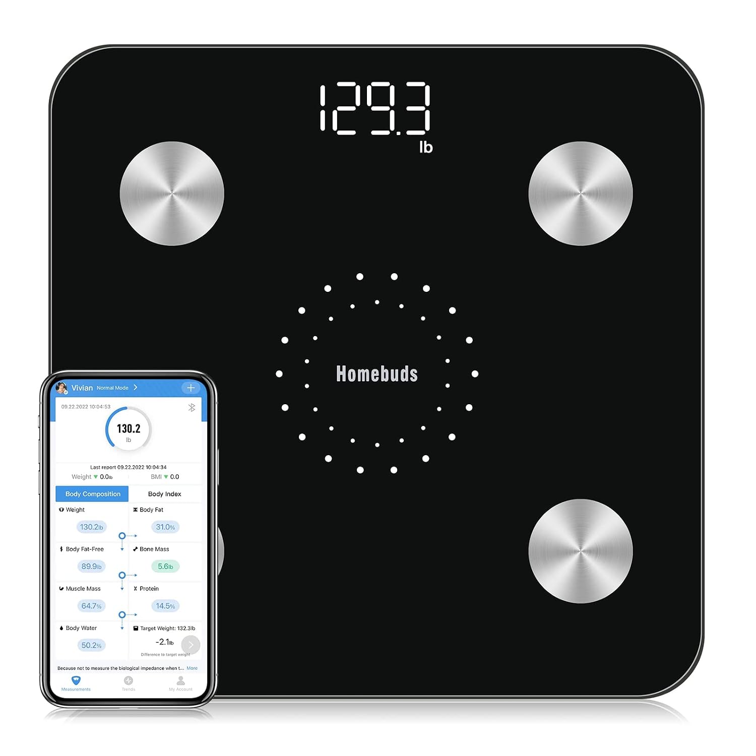 Homebuds Smart Body Fat Scale, Digital Bathroom Scales for Body Weight, Since 2001 Weighing and Body Composition Monitor Professional for BMI Fat Water Muscle with App, 28st/400lb/180kg, Black
