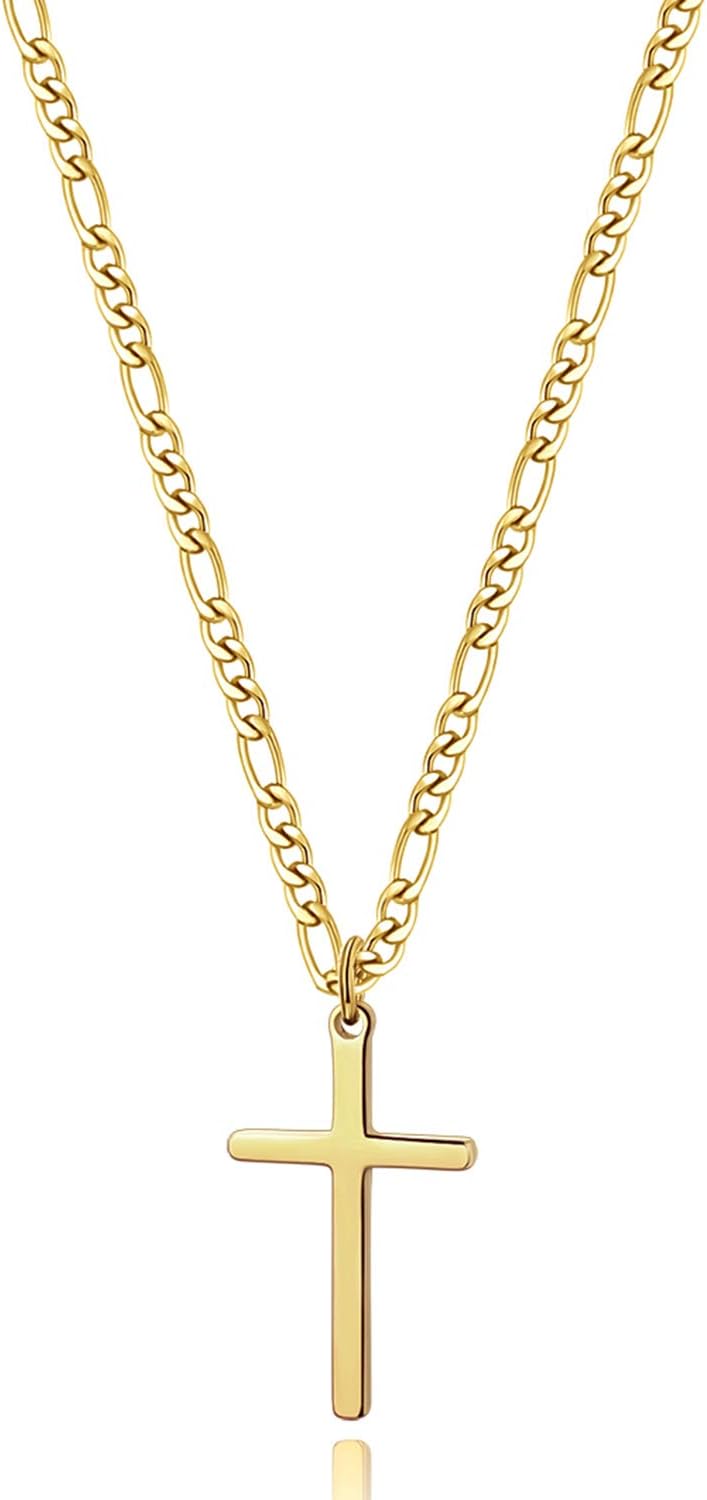 14K Gold Filled Cross Necklace for Men Figaro Chain Stainless Steel Plain Polished Cross Pendant Necklace Simple Faith Jewelry Gift for Women