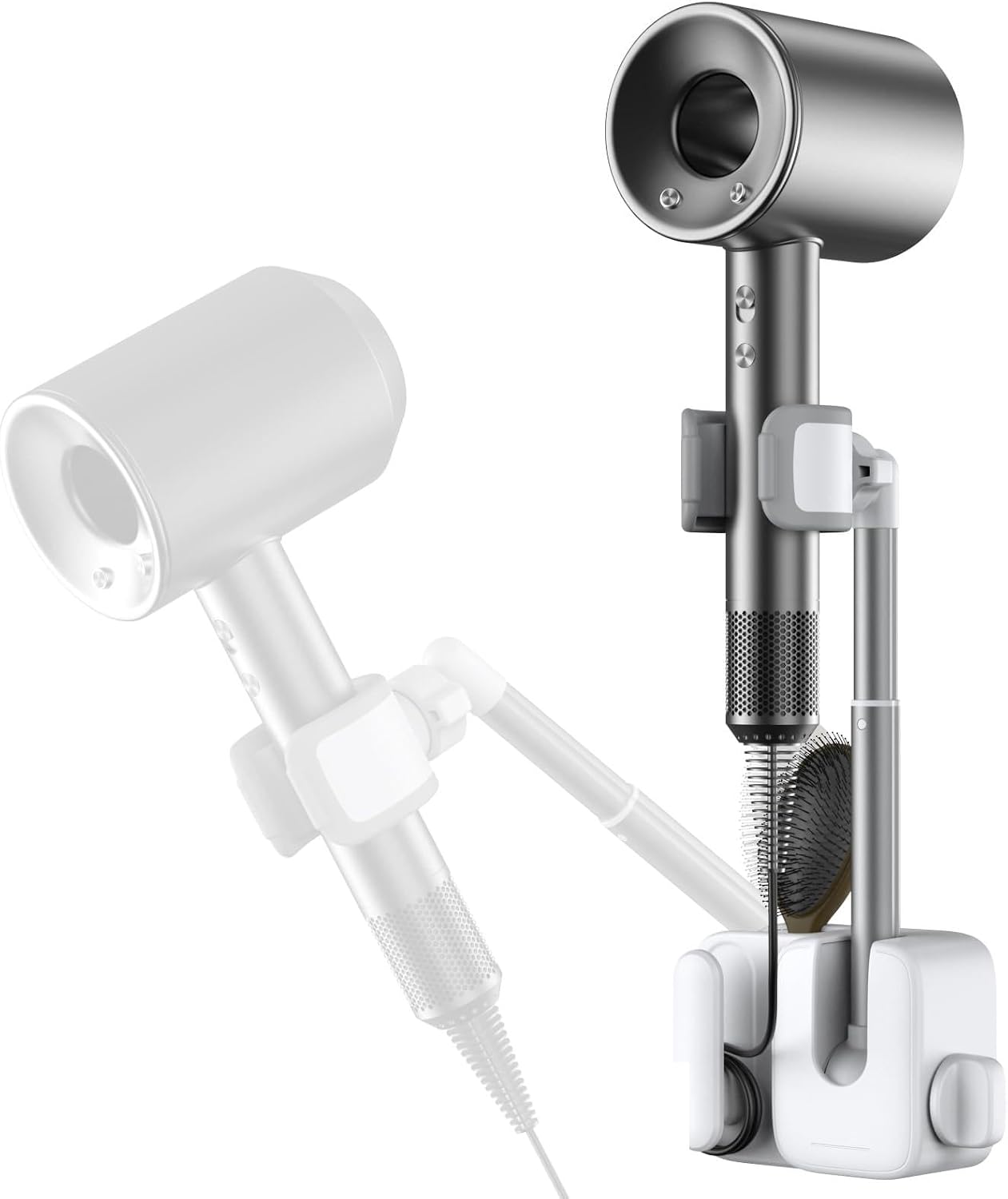 MoKo Hair Dryer Holder Wall Mounted, Hands Free Blow Dryer Holder | Anti-sag design, 360° rotation, adjustable height & angle, built-in storage slot, no-drill installation, for bathroom vanity