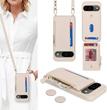Cavor for Google Pixel 9 / Pixel 9 Pro Case Wallet,Phone Case for Pixel 9 Crossbody Case with Strap,Pixel 9 Pro Wallet Case for Women,Leather Zipper Pocket Card Holder Case-Cream