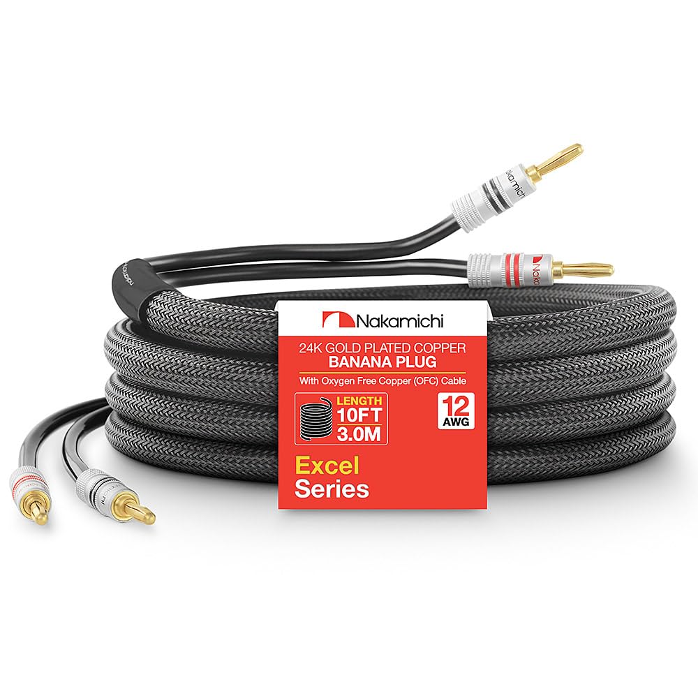 Nakamichi Excel Series 24k Gold Plated Banana Plug with (10 Feet) 12AWG Speaker Cable Wire 99.9% Oxygen-Free Copper (OFC) Heavy Duty Braided for Amplifier Hi-Fi Home Theatre - Black (10ft/3.0m)