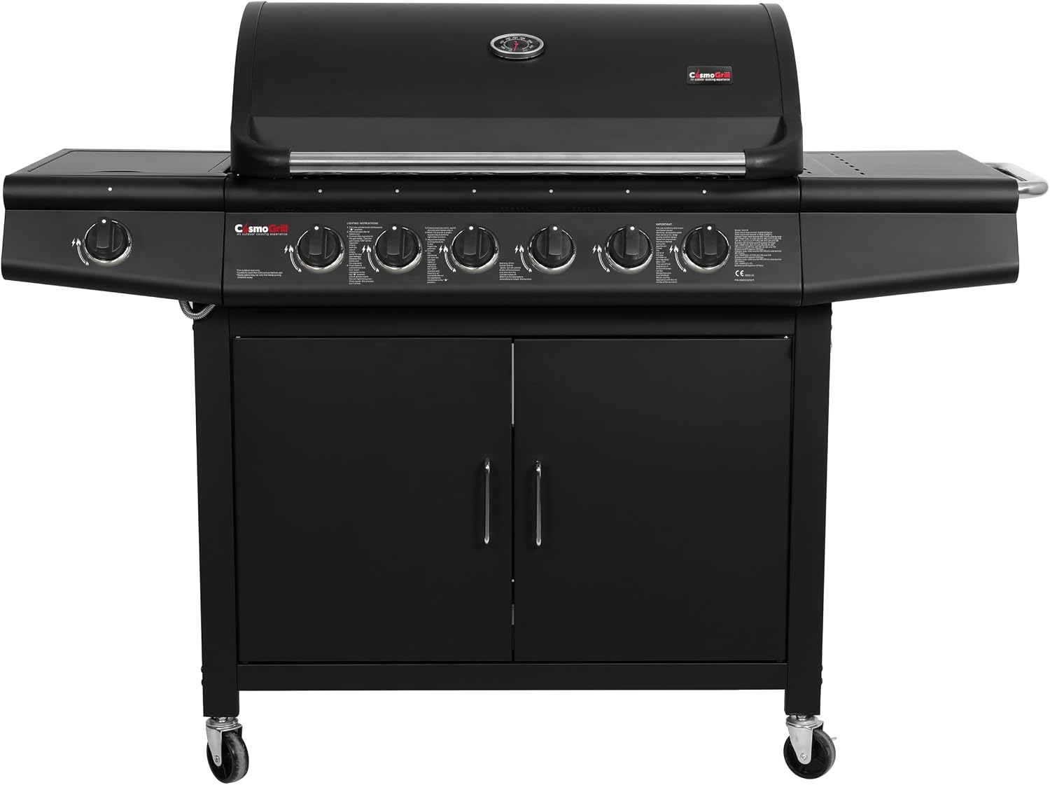 CosmoGrill Pro Deluxe 7 Gas Burner 6+1 Barbecue Grill Steel Warming Rack, Side-Burner, Built-in Temperature Gauge for Home Garden Party Outdoor Cooking (Black)