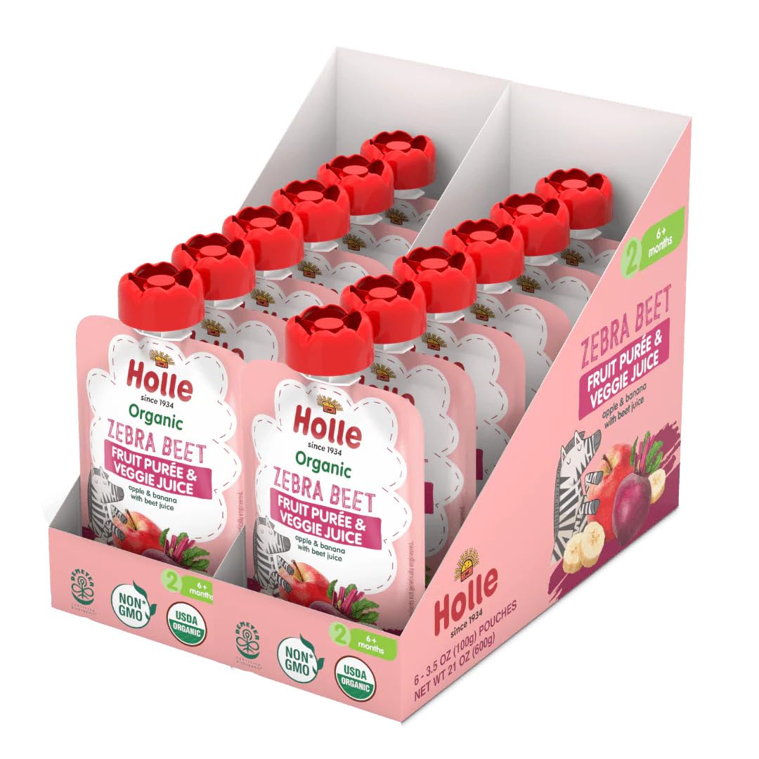 Holle Organic Baby Food Pouches, Zebra Beet Fruit & Veggie Purée, 12 Pack, 3.5 oz, Apple Banana Beet Root, USDA Organic, Non-GMO, Biodynamic, No Added Sugar or Salt, Baby Snack 6+ Months