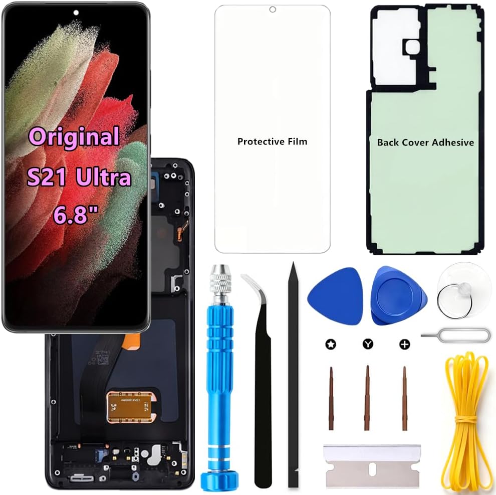 Original 6.8" AMOLED 120Hz S21 Ultra Screen Replacement OEM for Samsung Galaxy S21Ultra 5G SM-G998U SM-G998U1 Touch Display Screen Digitizer Assembly (Black Frame+Protector+Adhesive+Tools)
