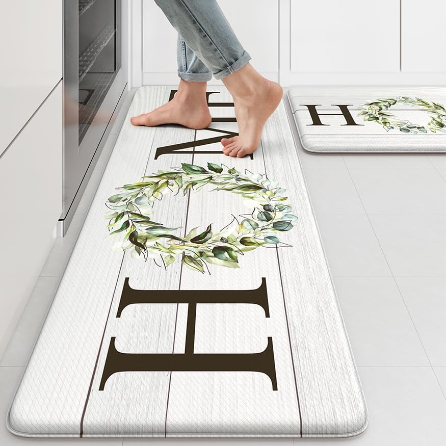 KIMODE Farmhouse Kitchen Mat 2PCS Anti Fatigue Kitchen Rugs Non-Skid Waterproof Kitchen Floor Mat Cushioned Comfort Standing Mat for Office,Laundry,Sink,Home