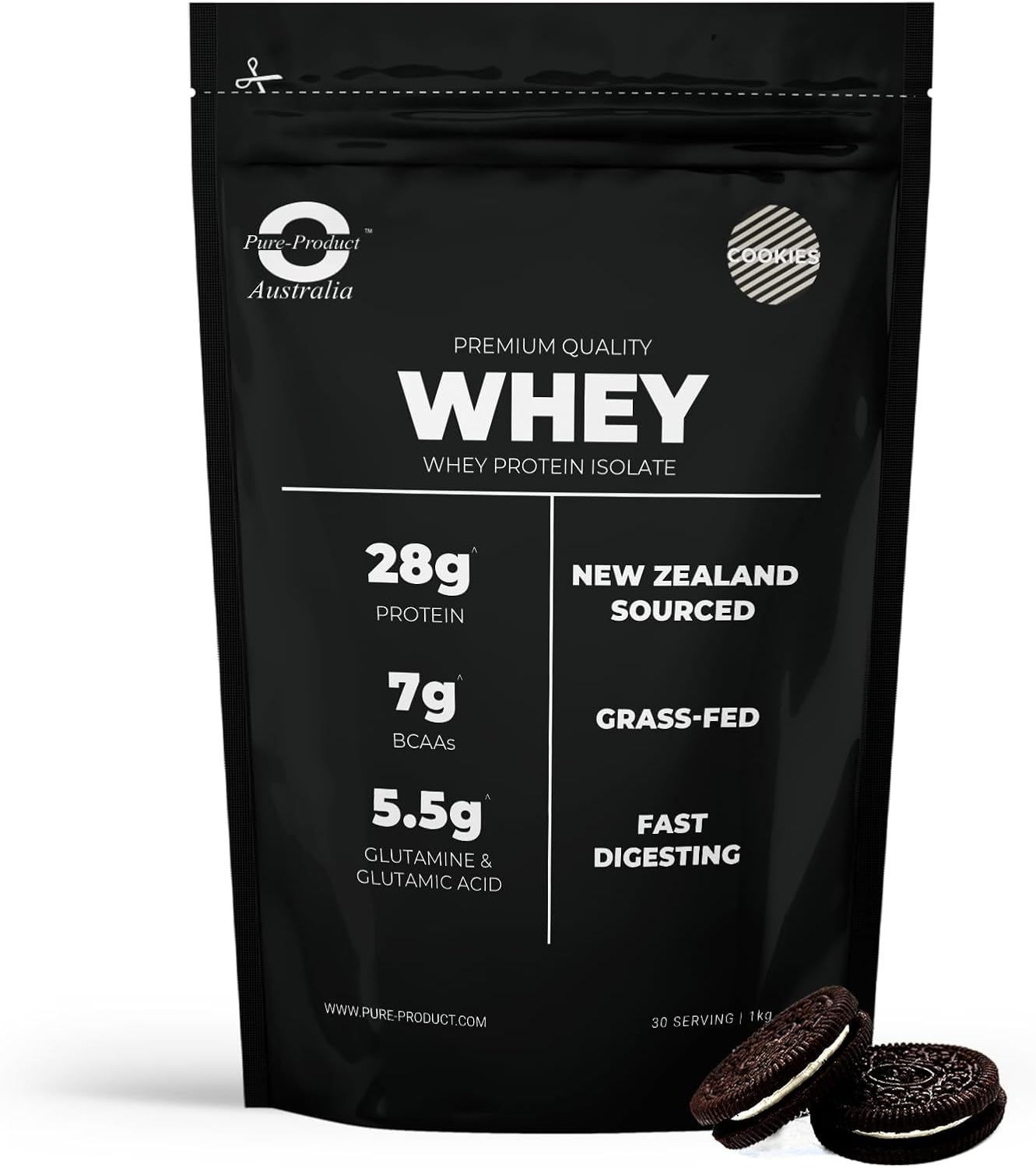 Pure Product Australia - Whey Protein Isolate & Hydrolyzed - Premium Grass Fed - 30g Protein per Serve, Fast Absorbing - Non-GMO - Easy Digesting - NZ Protein - 2kg (4.4 lbs) Cookies&Cream