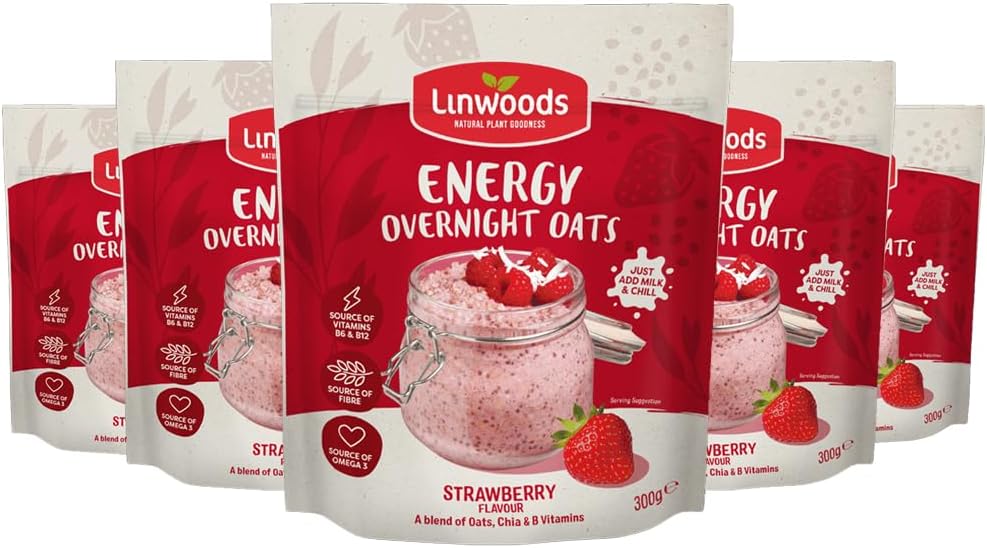 Linwoods Strawberry Energy Overnight Oats | 5 x 300g Porridge Oats | Healthy Breakfast Food | Vegan Friendly & Gluten Free