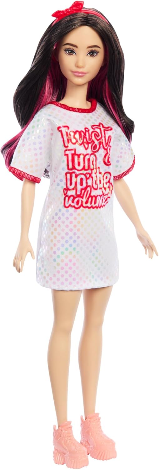 Barbie Fashionistas Doll #214, Black Wavy Hair with Twist ‘n’ Turn Dress & Accessories, 65th Anniversary Collectible Fashion Doll, HRH12