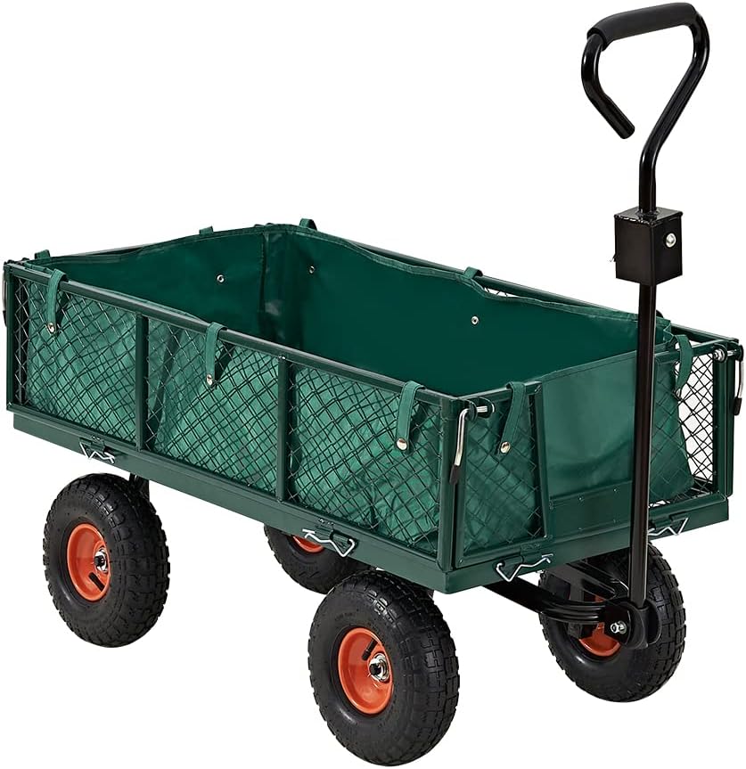 Panana Large Garden Carts Wagon, 350kg Capacity Heavy Duty Pull Trolley, Utility Camping Truck with Canvas Collection Bag, Removable Sides, Wheels, Outdoor Cart for Gardening, Farm, Yard