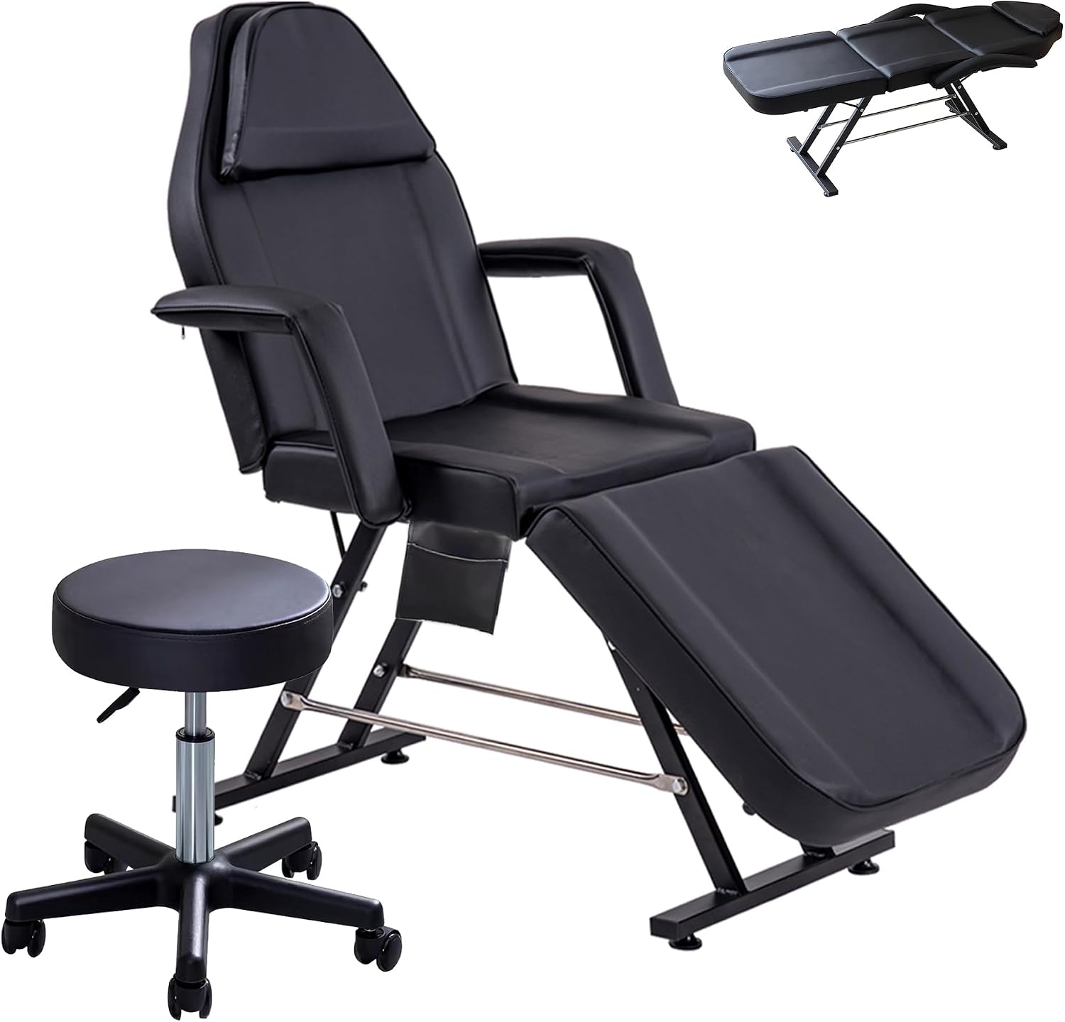 LSLIFE Beauty Bed with Stool Massage Table with Head Cushion 3 Section Adjustable Beauty Bed Professional Tattoo SPA Salon Chair (Black)