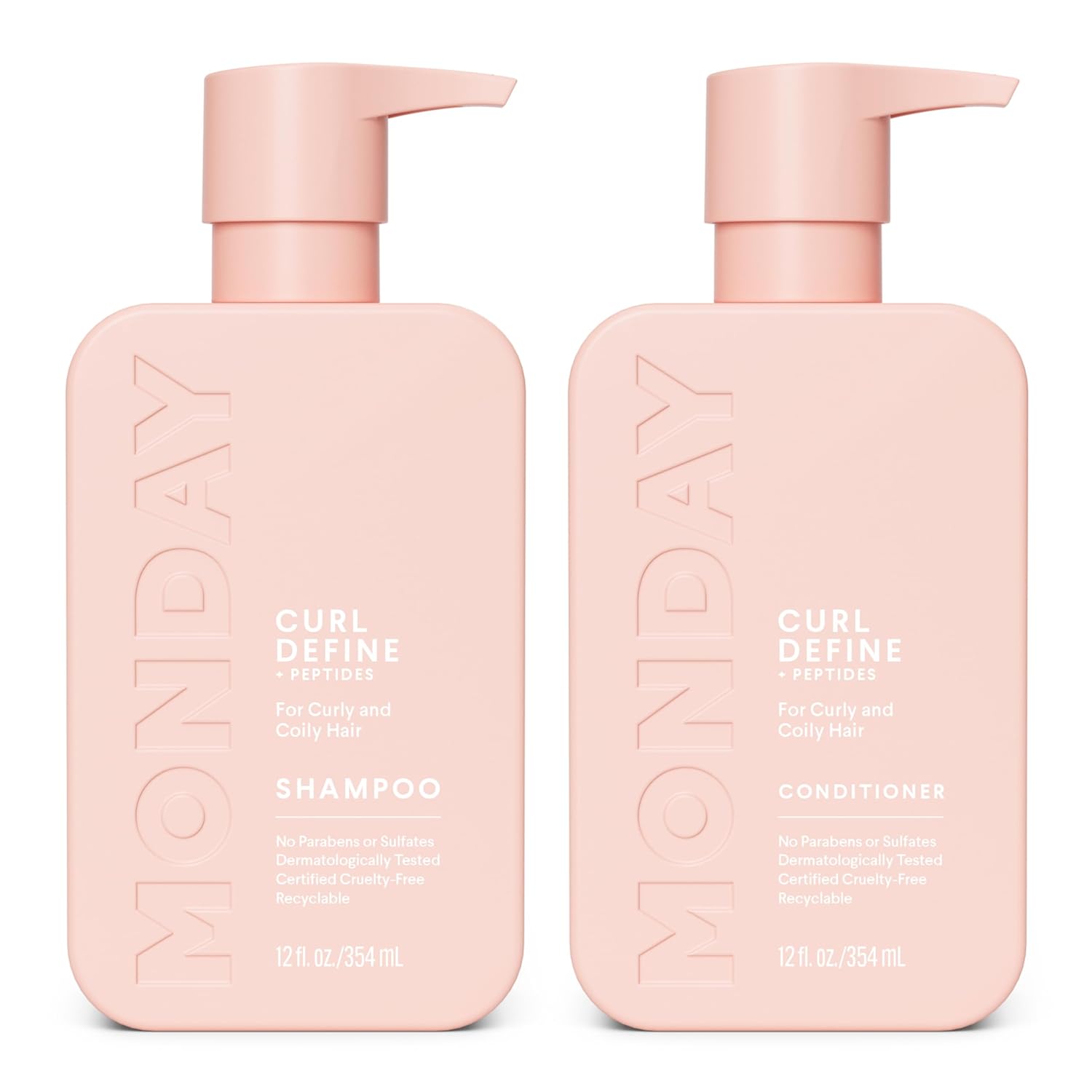 MONDAY HAIRCARE Curl Define Shampoo + Conditioner Set (2 Count) 12 oz Each Nourishes Curls, Tames Frizz, Coconut Oil and Shea Butter Enhance Shine, 100% Recyclable Bottle