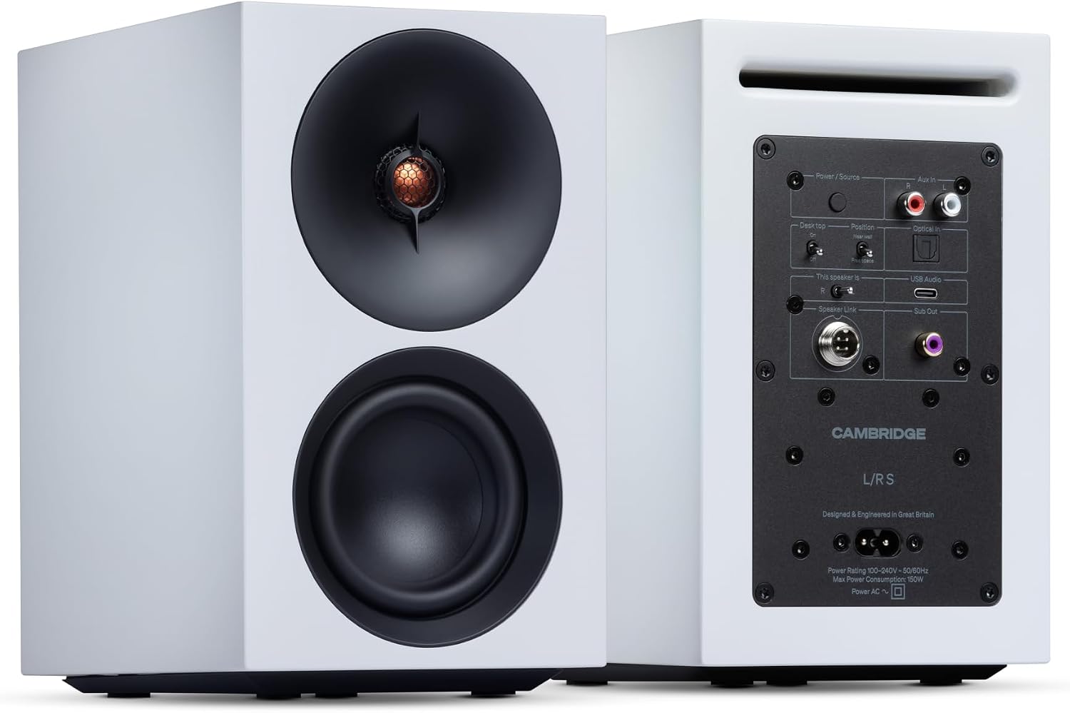 Cambridge Audio L/R S – 100W Compact Active Stereo Speakers with Built-in aptX HD Bluetooth, USB Audio, Aux & Optical Inputs, Subwoofer Output, Remote Control, Room Positioning & DynamEQ – White