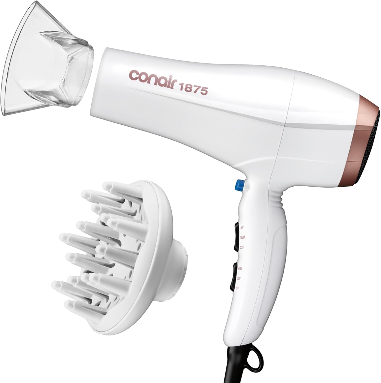 Conair Double Ceramic Hair Dryer with Diffuser & Concentrator, 1875W | Ionic blow dryer with concentrator and diffuser hair dryer attachments made to smooth frizz and enhance curl definition