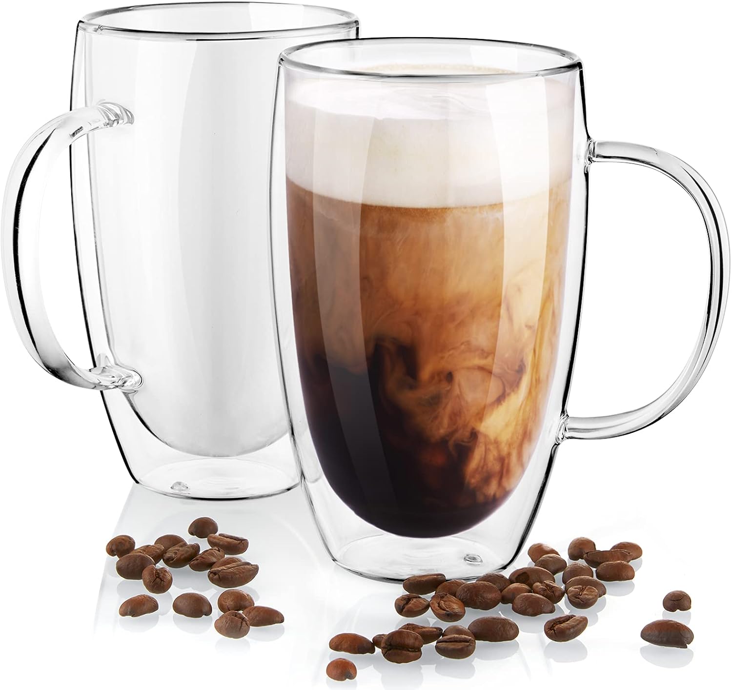 Double Wall Glass Coffee Mugs Set of 2, 16 oz Insulated Coffee Mug with Handle, Clear Borosilicate Glass Coffee Cups for Cappuccino, Tea, Lightweight and Microwave Safe