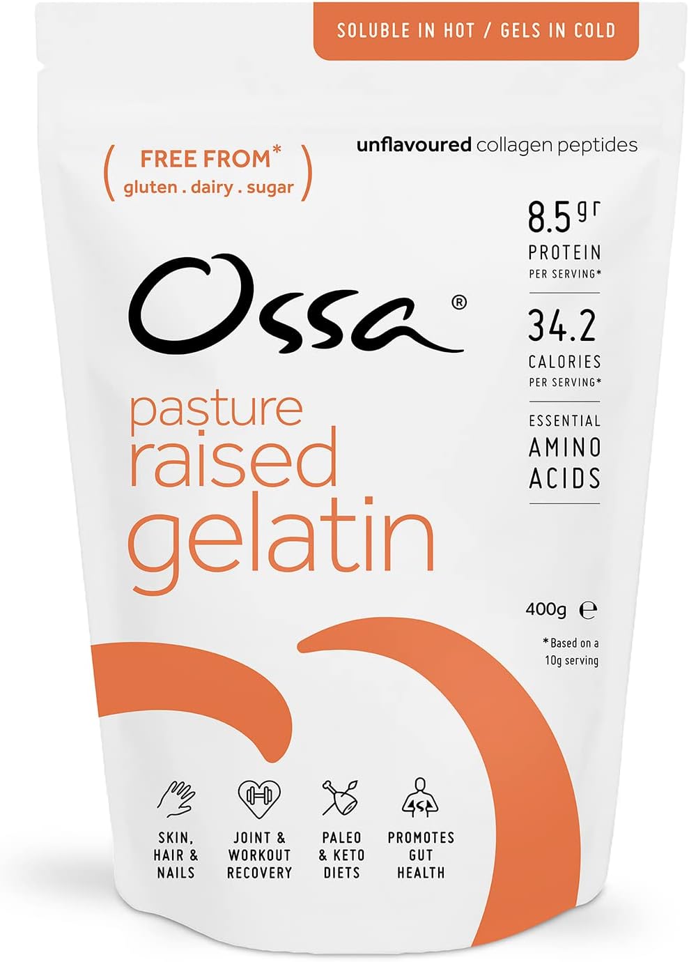 Ossa Bovine Gelatin Powder – 100% Natural, Pasture-Raised Beef Gelatine | Unflavoured Protein Powder with Collagen & Amino Acids | Keto, Paleo & Gut Health Support | 400g