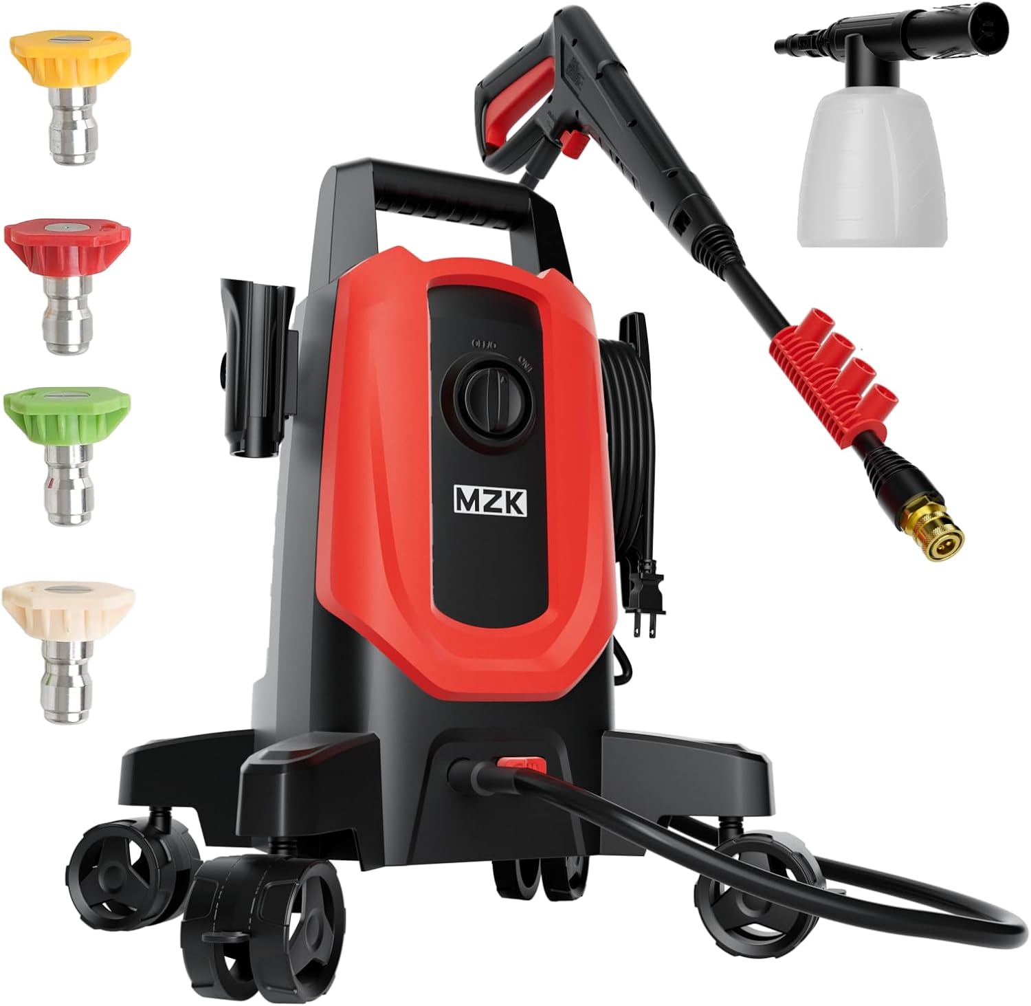 MZK Electric Pressure Washer, 3.0GPM Power Washer with 360° Lockable Wheels and 4 Quick-Connect Nozzles, Foam Cannon for Easy Replacement, High-Pressure Cleaning of Cars, Fences, Driveways