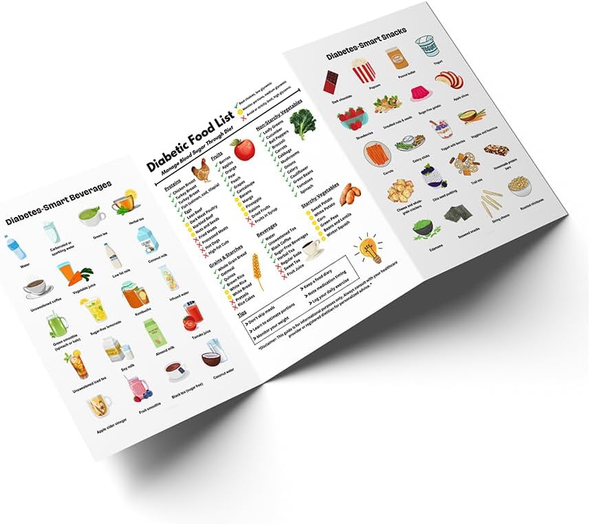 HerZii Prints Diabetic Food List Cheat Sheet, 6 Sheet Diabetic Food Chart, Laminated Kitchen Reference Guide with 100+ Meal Ideas, Waterproof