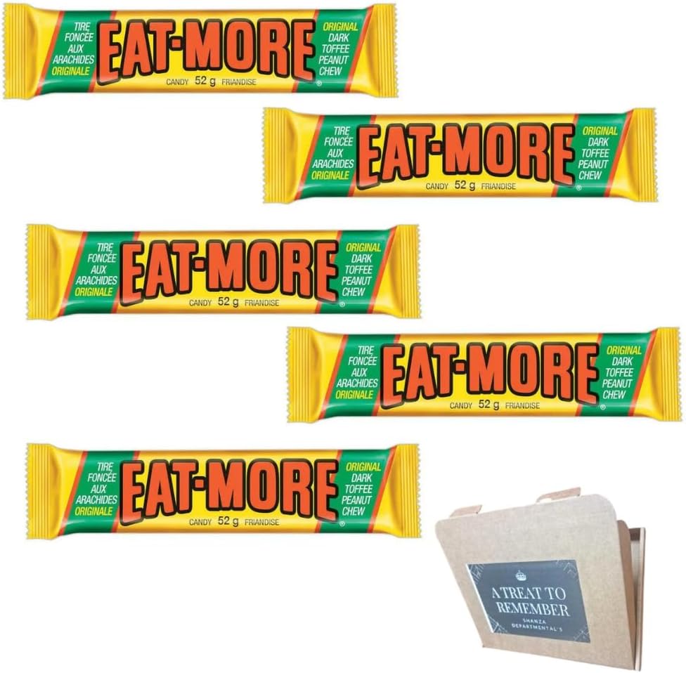 5x EAT-MORE Chocolate Bars 52g Each | Chewy Dark Toffee Peanut & Chocolate Candy Bar Imported from Canada | Indulgent and Unique Sweet Treat