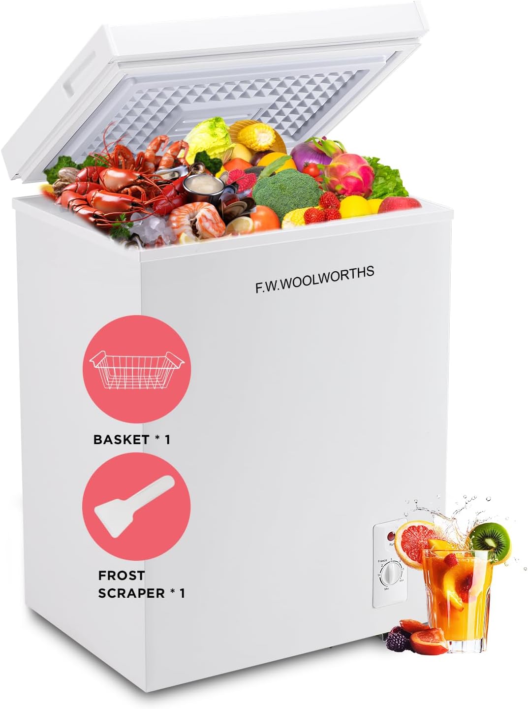 F.W.WOOLWORTHS 3.5 Cu.Ft Chest Freezer with Removable Basket, Deep Freezer Adjustable 7 Thermostat, Compact Freezer for Kitchen, House, Office, Garage, Basement, RVs-White