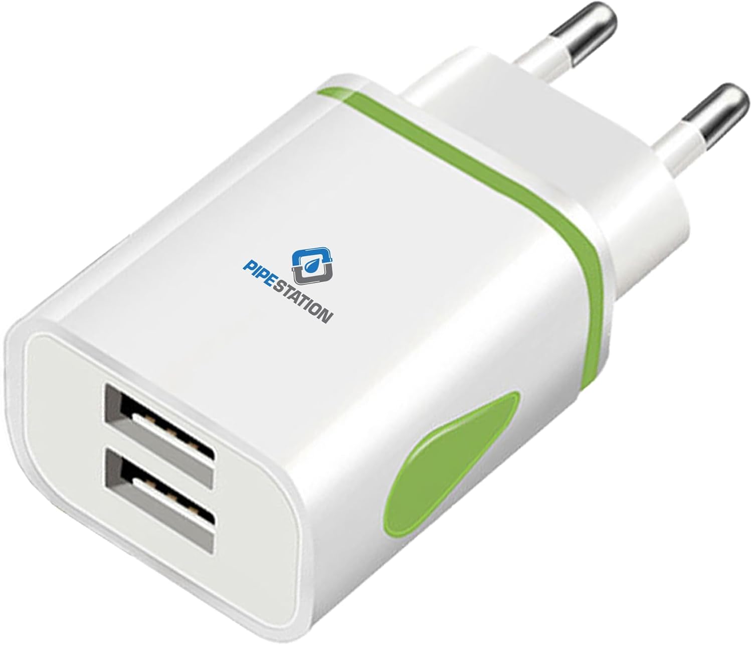 Pipestation EU USB Travel Adapter Charger | 2-Pin Euro Wall Adaptor with 2 USB Ports | European Universal Power Charging compatible with iPhone Samsung Phone Tablet Shaver Toothbrush