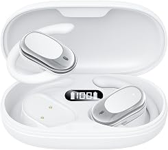 Adjustable Silicone Open Ear Headphones Wireless Bluetooth 5.4, IPX7 Waterproof, 80Hrs Playtime, Over The Ear Earbuds, Bone Conduction Open Ear Earbuds for Running and Workout, Charging Case, White
