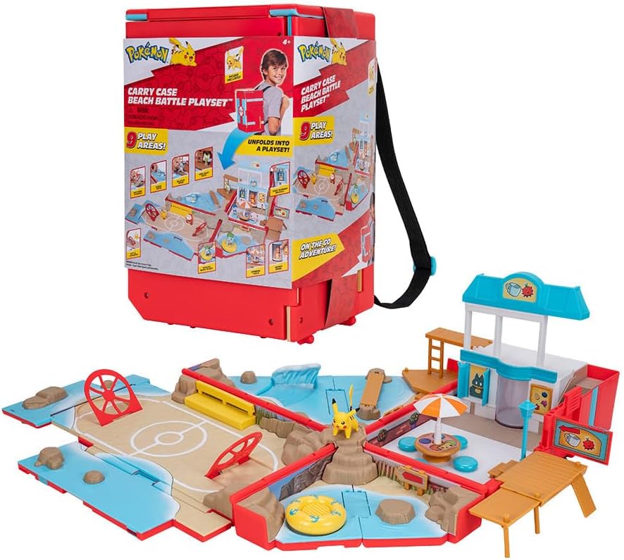 Jazwares Pokemon Carry Case Beach Battle Playset - Portable Transforming Backpack Playset with Action Features and 2-inch Pikachu Battle Figure
