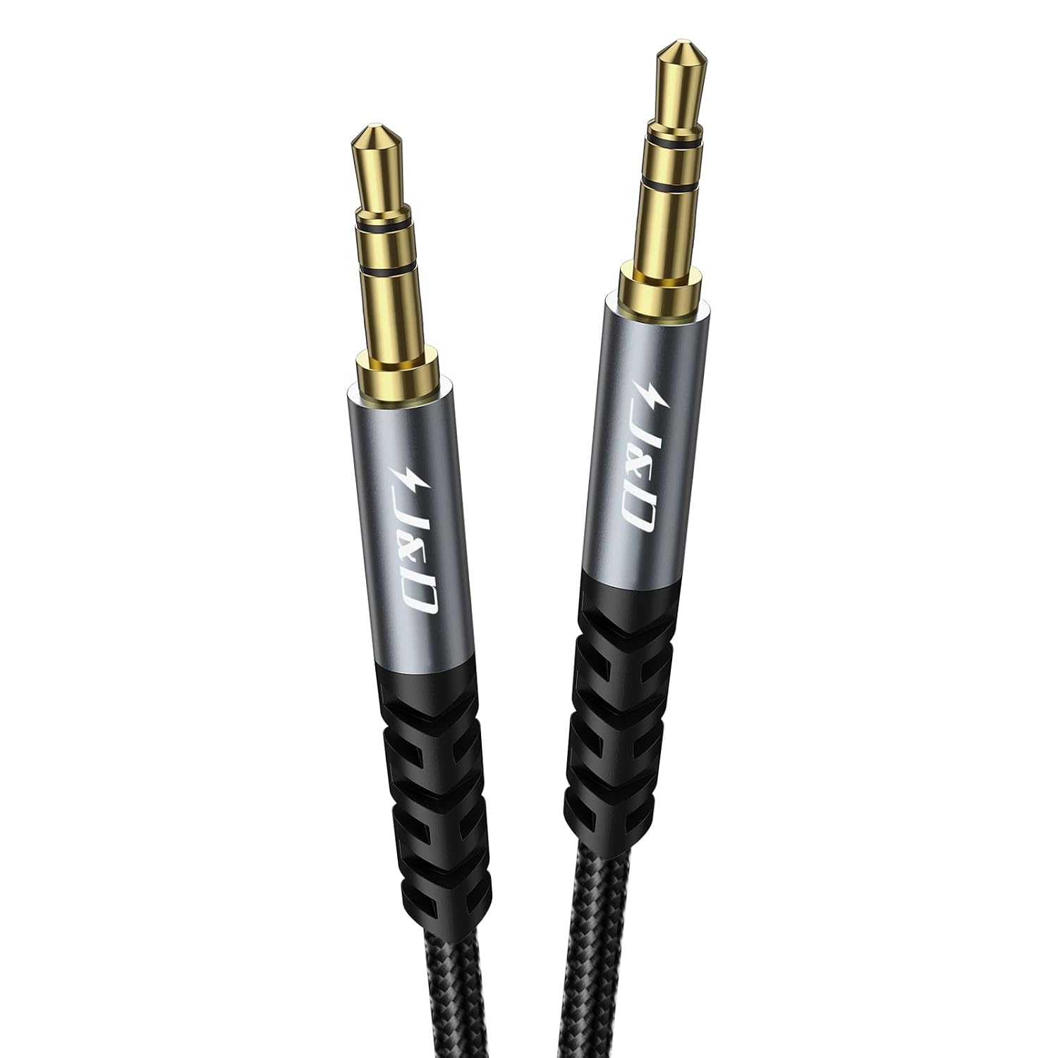 J&D 3.5 mm Nylon Braided Aux Cable, Audio Auxiliary Input Adapter Gold-Plated Connector and Aluminum Alloy Housing, High Fidelity Audio Cord for Car, Home, and Office Use, Grey, 2 m