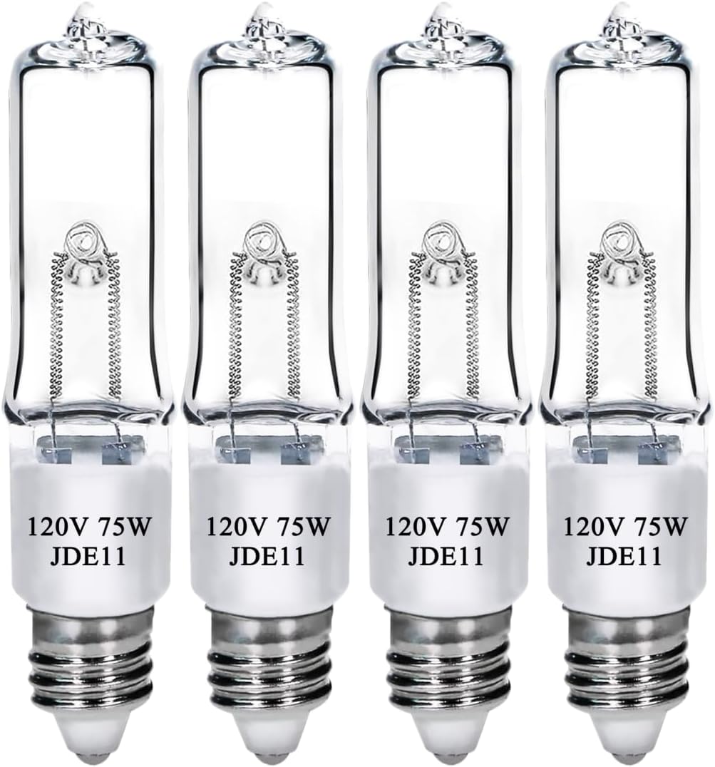 JDE11 120V 75W T4 Mini Candelabra Base（Replacement E11 Led Bulb） 2700K Clear Dimmable JD E11 Halogen Light Bulbs for Chandeliers, Ceiling Fan, Table Lamps, Cabinet Lighting, 4 Pack