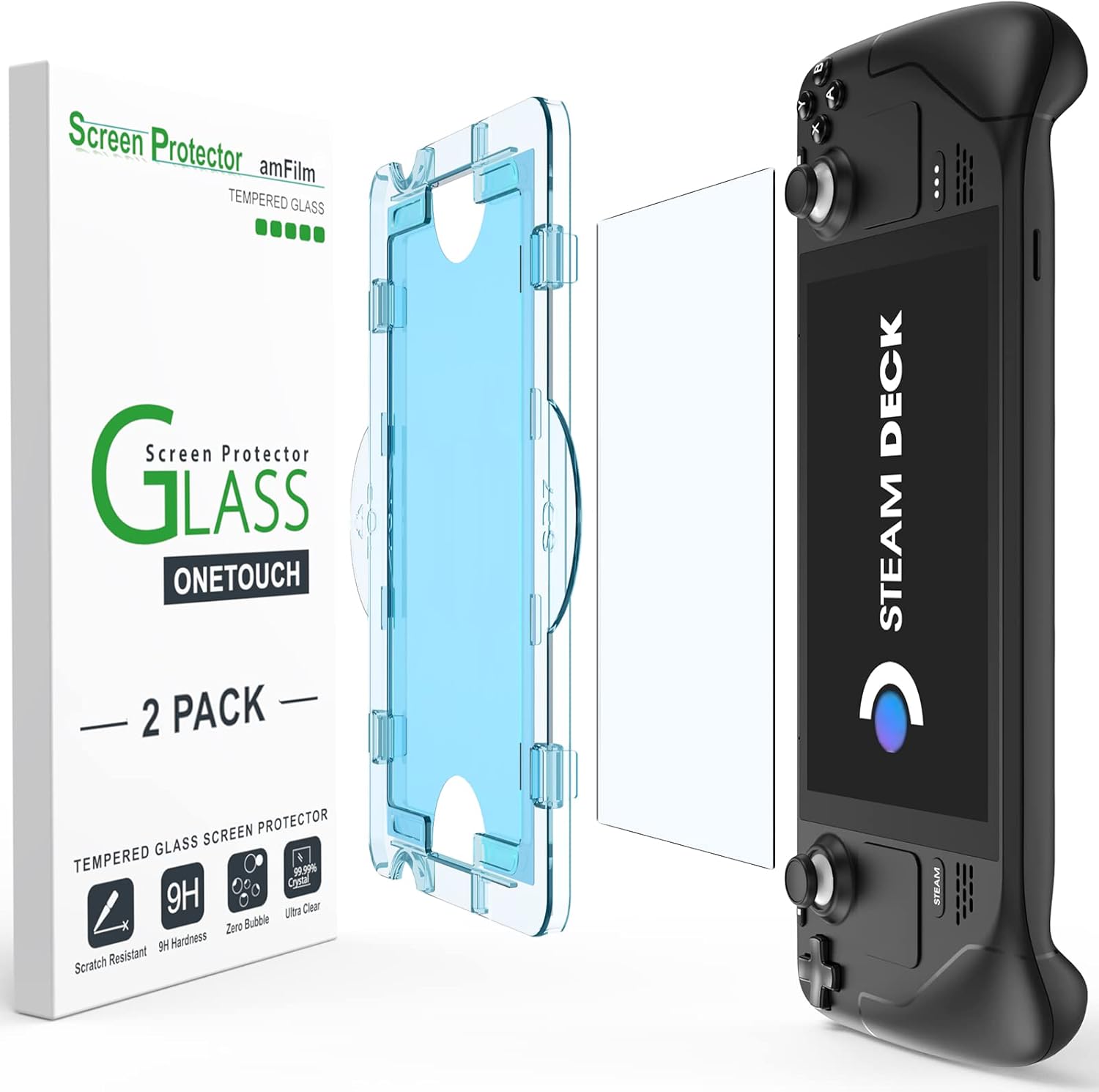 amFilm [2 Pack OneTouch Screen Protector Compatible with Steam Deck/Steam Deck OLED, Tempered Glass Designed for Steam Deck (7inch) 2021 & 2022 /Steam Deck OLED 2023 with Easy Installation Kit